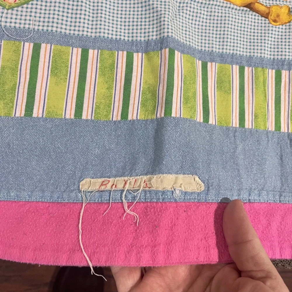 Vtg Handmade‎ Baby Quilt Blue Jean Teddy Animals Numbers Nursery Blanket 44x36